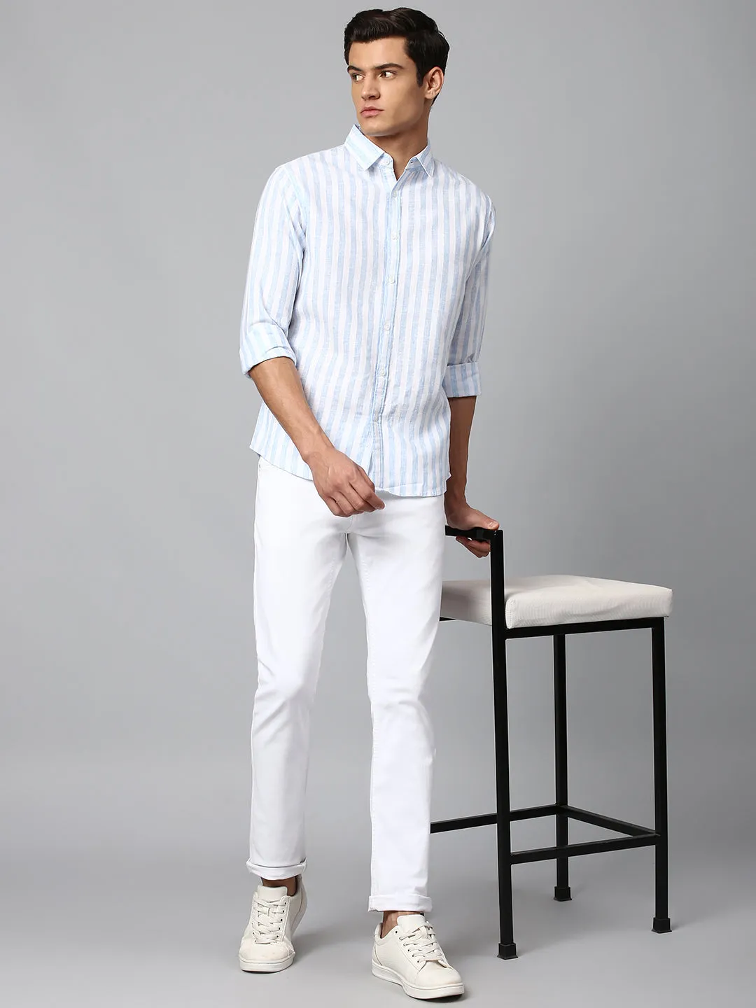 Men's Blue Slim Fit Linen Casual Shirt
