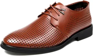 Men's Breathable Hollow Leather Lace Up Loafers Classical Lightweight Round Toe Dress Oxford Derby Shoes for Dress Business Wedding (Brown,7.5)