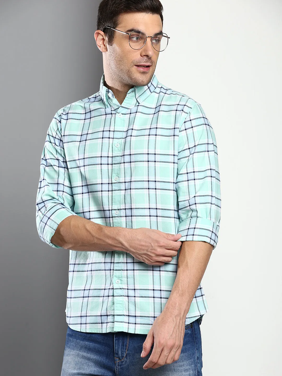 Men's Checkered Green Slim Fit Oxford Cotton Casual Shirt With Button Down Collar & Full Sleeves