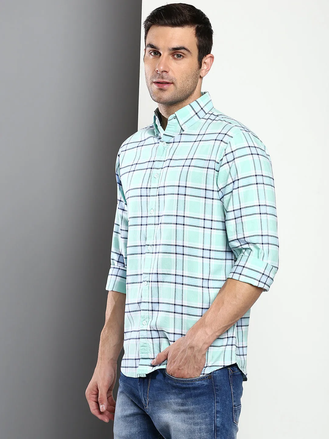 Men's Checkered Green Slim Fit Oxford Cotton Casual Shirt With Button Down Collar & Full Sleeves