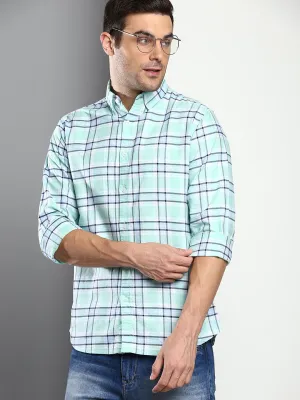 Men's Checkered Green Slim Fit Oxford Cotton Casual Shirt With Button Down Collar & Full Sleeves