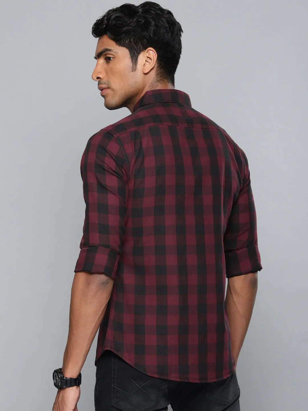 Men's Checkered Maroon Slim Fit Shirts (Maroon)