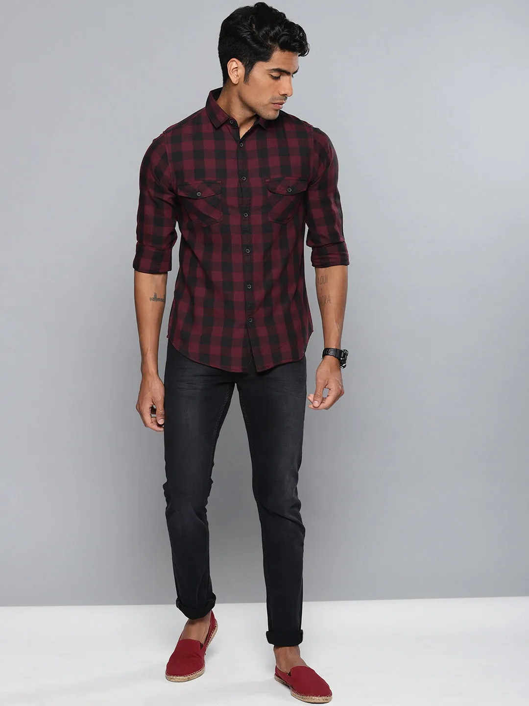 Men's Checkered Maroon Slim Fit Shirts (Maroon)
