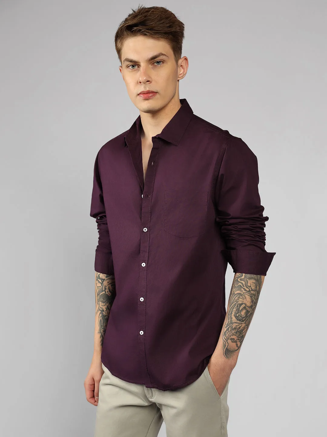 Men's Cotton Purple Solid Casual Shirt