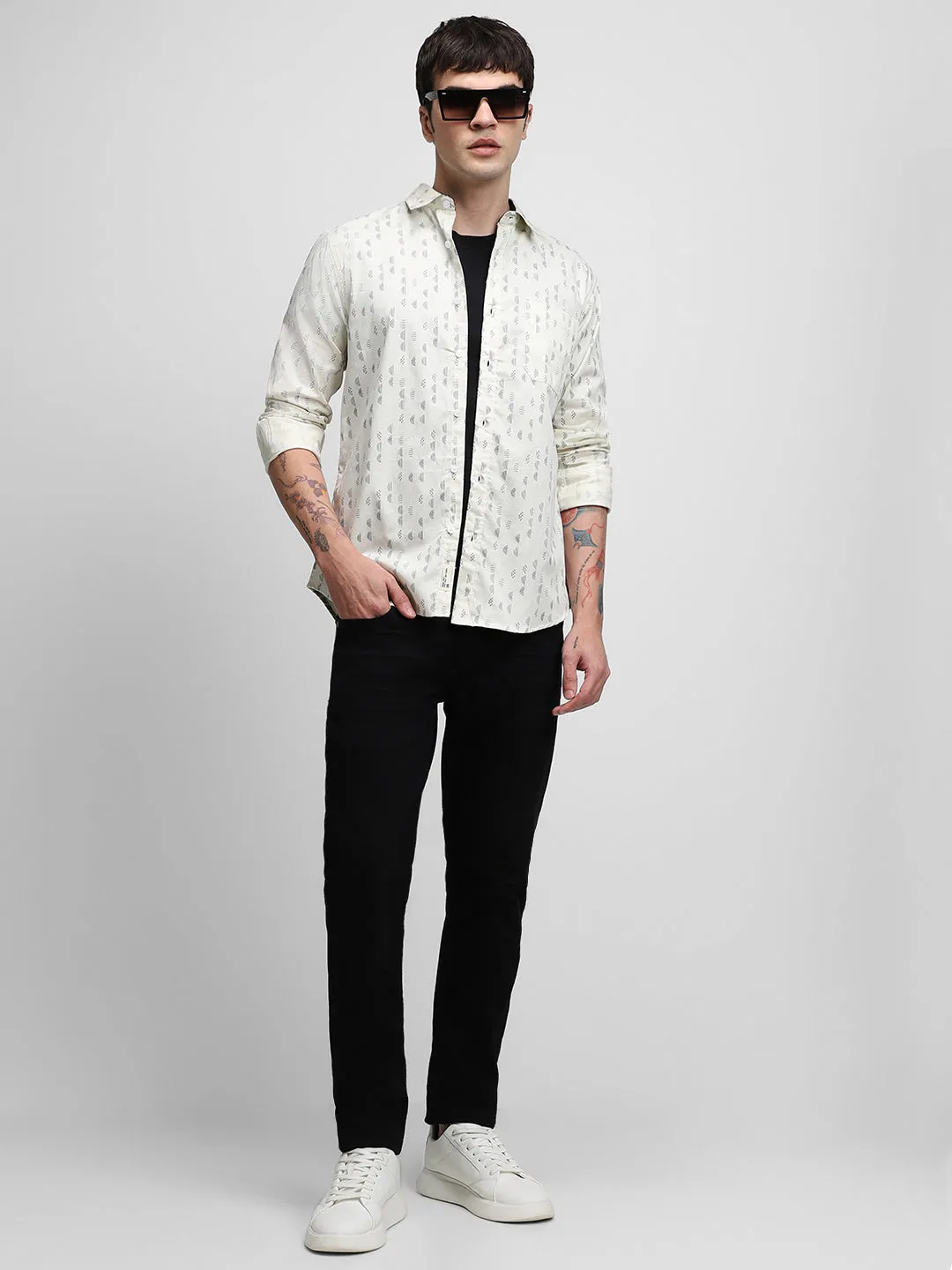 Men's Cuban Collar Regular Fit Stripes Beige Casual Shirt