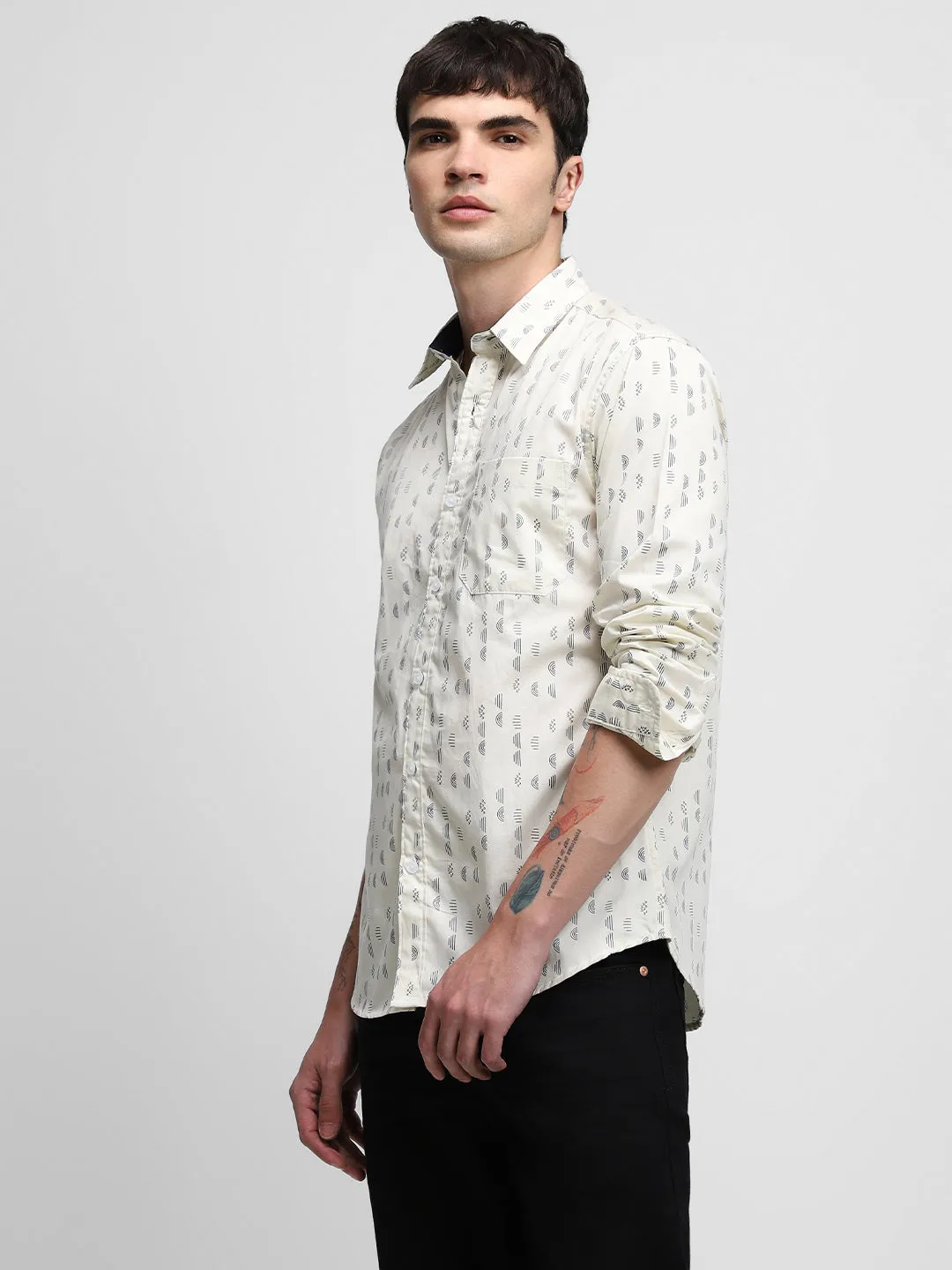 Men's Cuban Collar Regular Fit Stripes Beige Casual Shirt