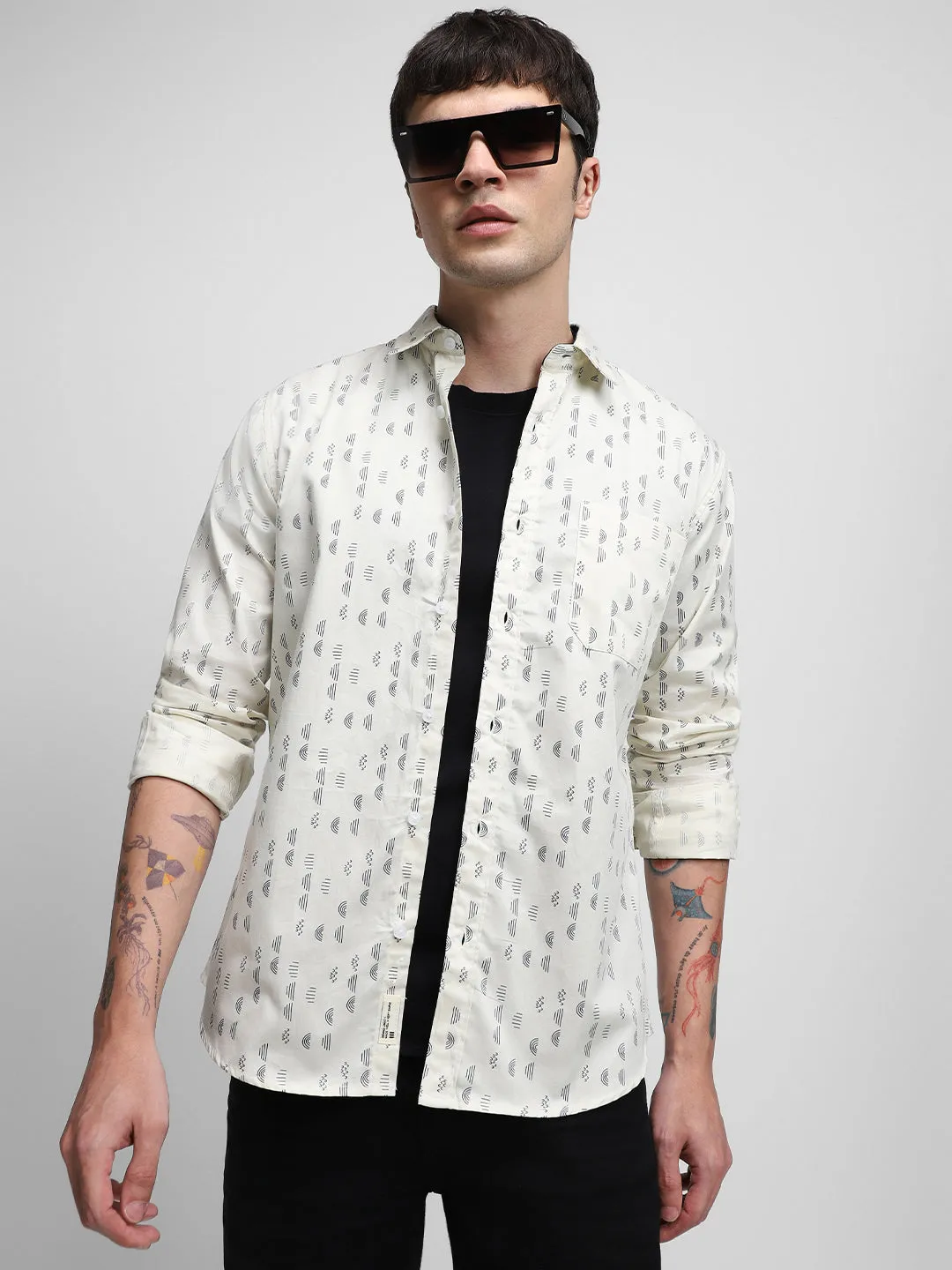 Men's Cuban Collar Regular Fit Stripes Beige Casual Shirt