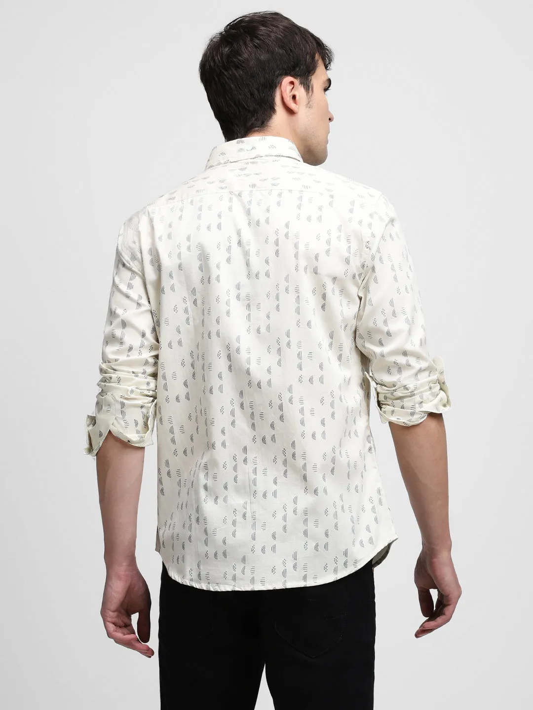 Men's Cuban Collar Regular Fit Stripes Beige Casual Shirt
