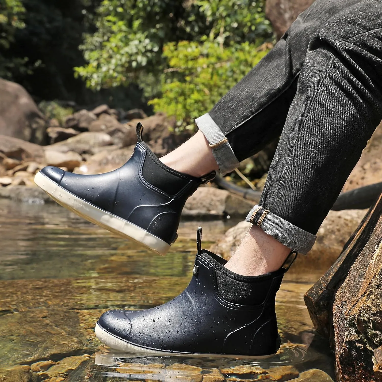 Men??s Deck Boots, Waterproof Men High Traction Fishing Boots, Lightweight Garden Rain Boots, Rubber Boots for Work Ankle, Durable Water Shoes for Boat