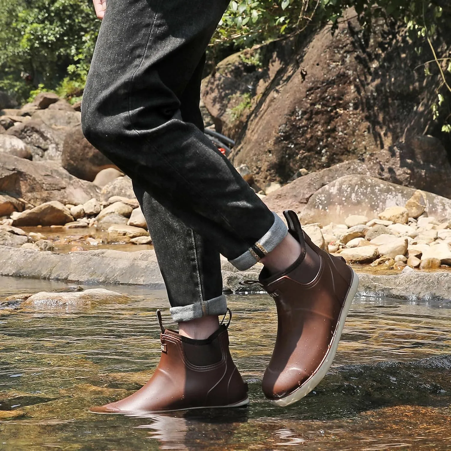 Men??s Deck Boots, Waterproof Men High Traction Fishing Boots, Lightweight Garden Rain Boots, Rubber Boots for Work Ankle, Durable Water Shoes for Boat