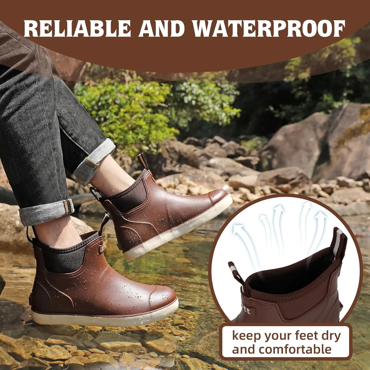 Men??s Deck Boots, Waterproof Men High Traction Fishing Boots, Lightweight Garden Rain Boots, Rubber Boots for Work Ankle, Durable Water Shoes for Boat