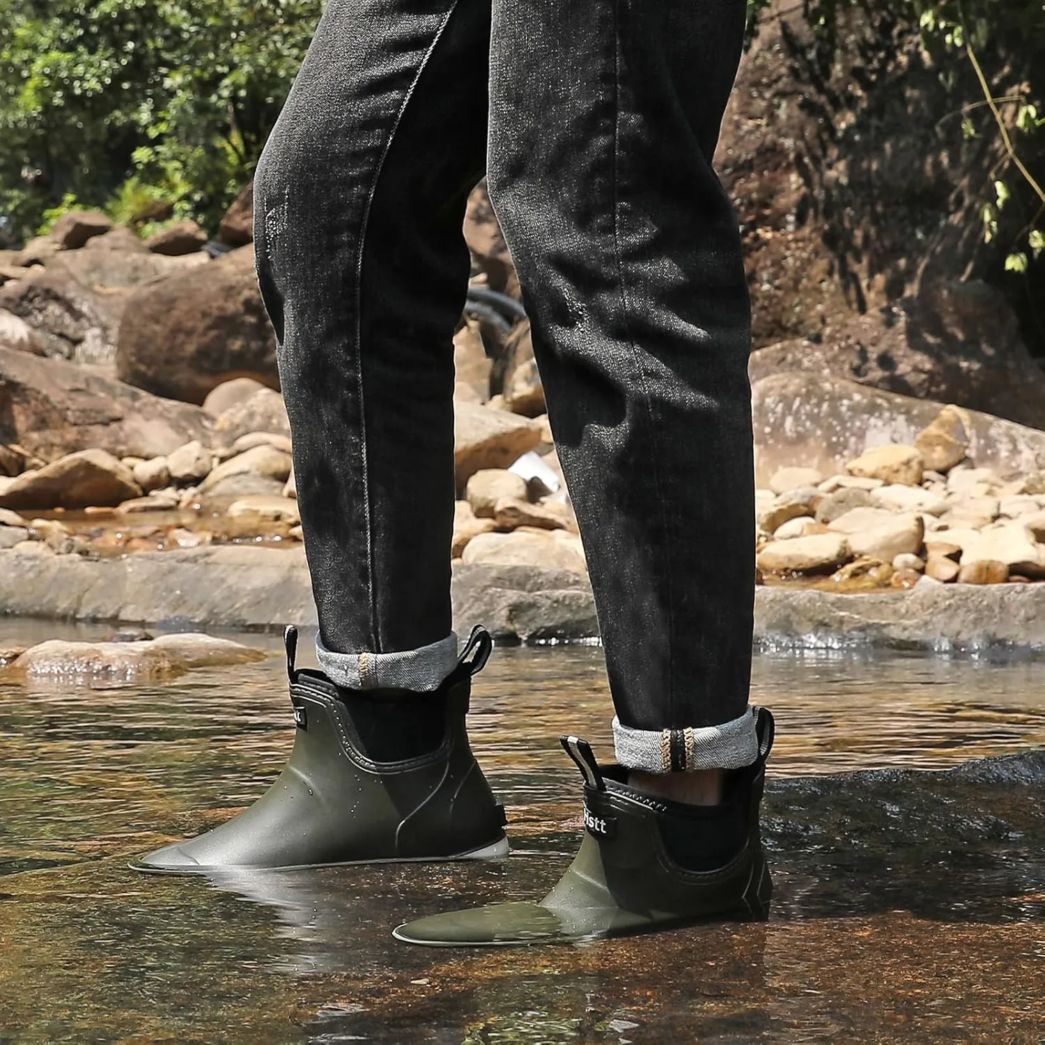 Men??s Deck Boots, Waterproof Men High Traction Fishing Boots, Lightweight Garden Rain Boots, Rubber Boots for Work Ankle, Durable Water Shoes for Boat
