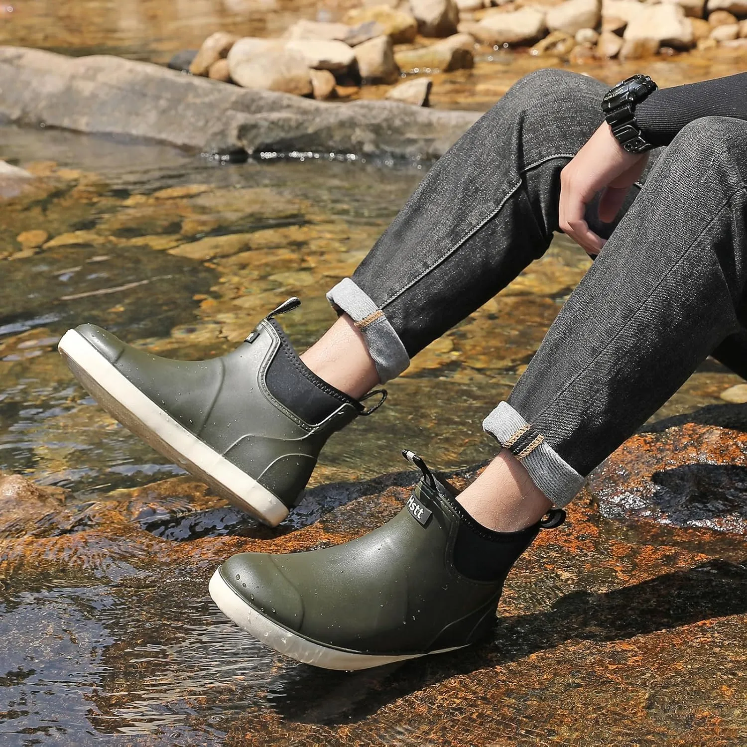 Men??s Deck Boots, Waterproof Men High Traction Fishing Boots, Lightweight Garden Rain Boots, Rubber Boots for Work Ankle, Durable Water Shoes for Boat
