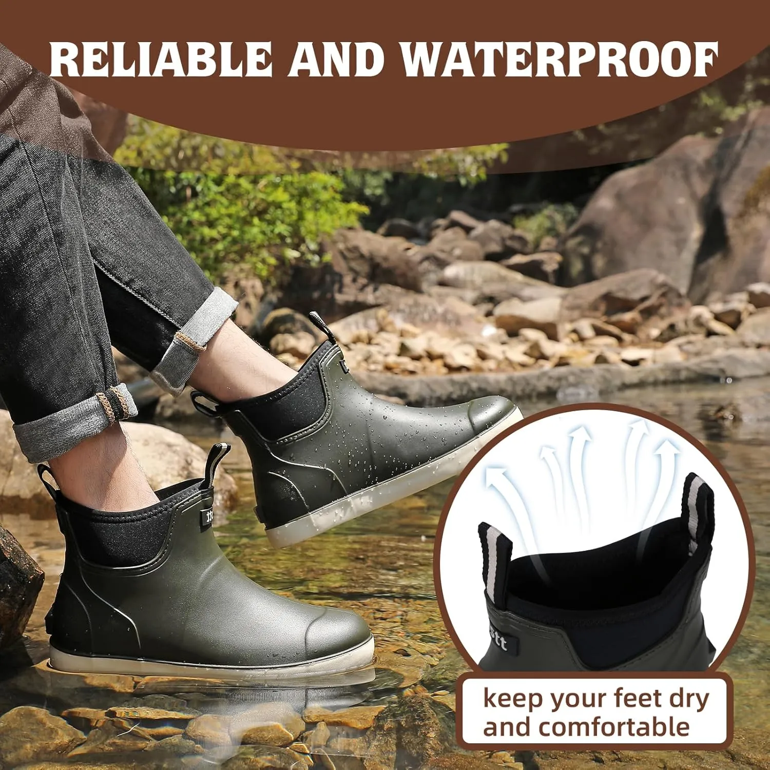 Men??s Deck Boots, Waterproof Men High Traction Fishing Boots, Lightweight Garden Rain Boots, Rubber Boots for Work Ankle, Durable Water Shoes for Boat