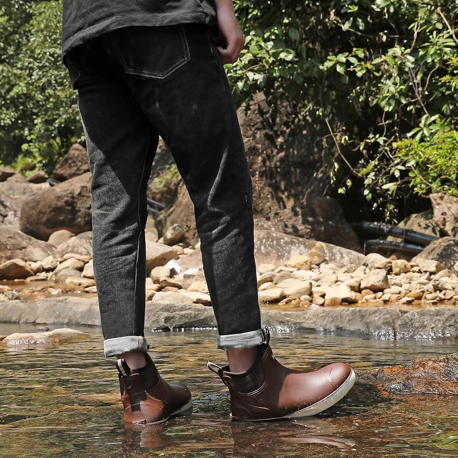 Men??s Deck Boots, Waterproof Men High Traction Fishing Boots, Lightweight Garden Rain Boots, Rubber Boots for Work Ankle, Durable Water Shoes for Boat
