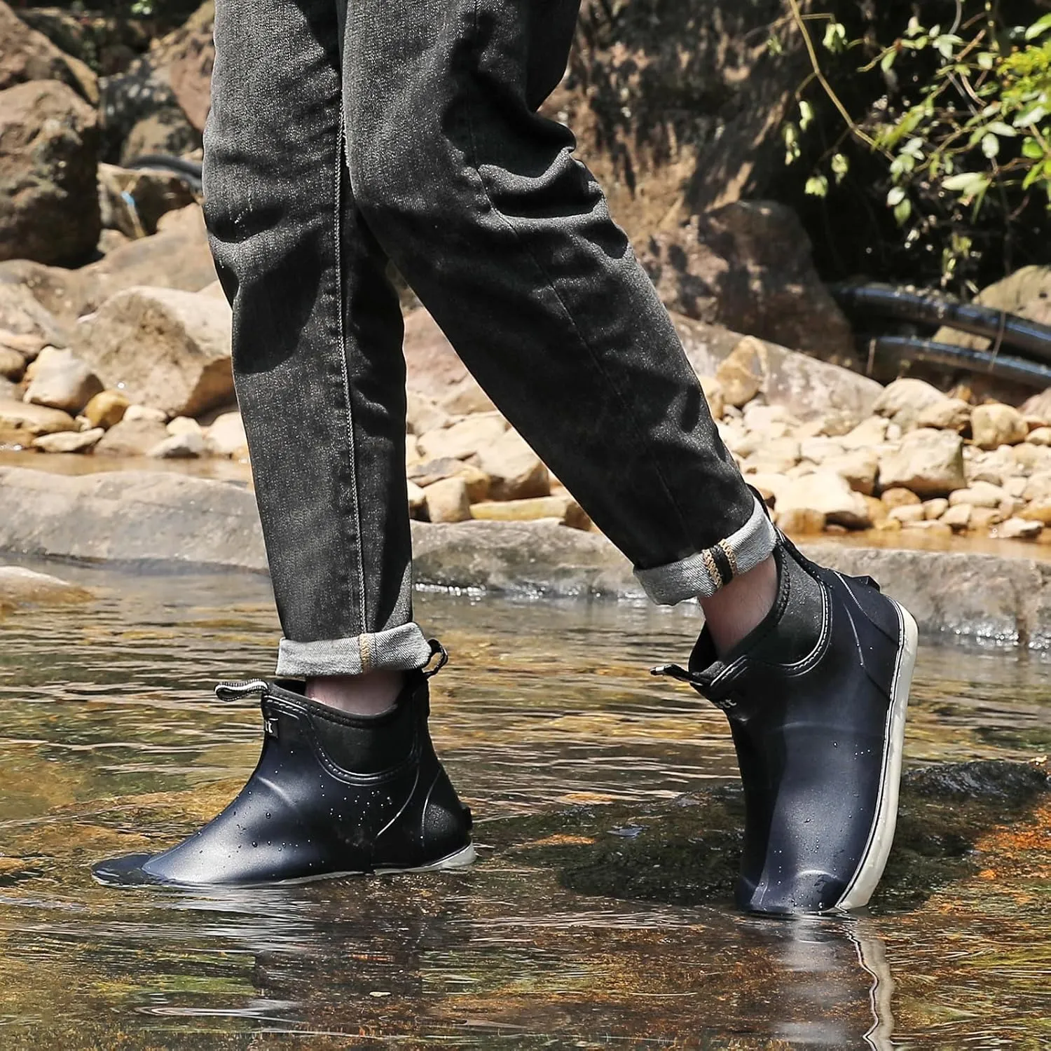 Men??s Deck Boots, Waterproof Men High Traction Fishing Boots, Lightweight Garden Rain Boots, Rubber Boots for Work Ankle, Durable Water Shoes for Boat