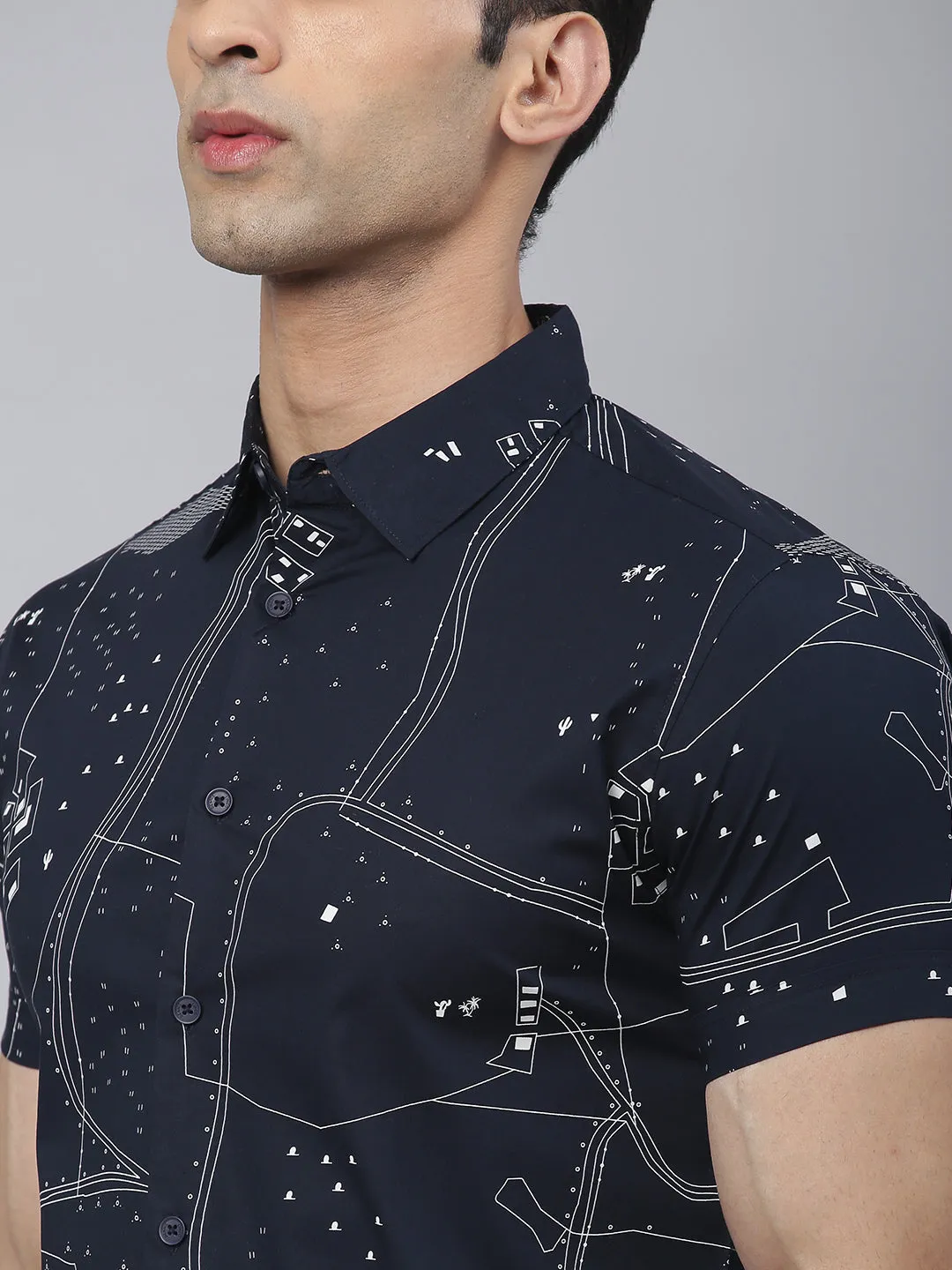 Men's Floral Print Navy Slim Fit Cotton Casual Shirt
