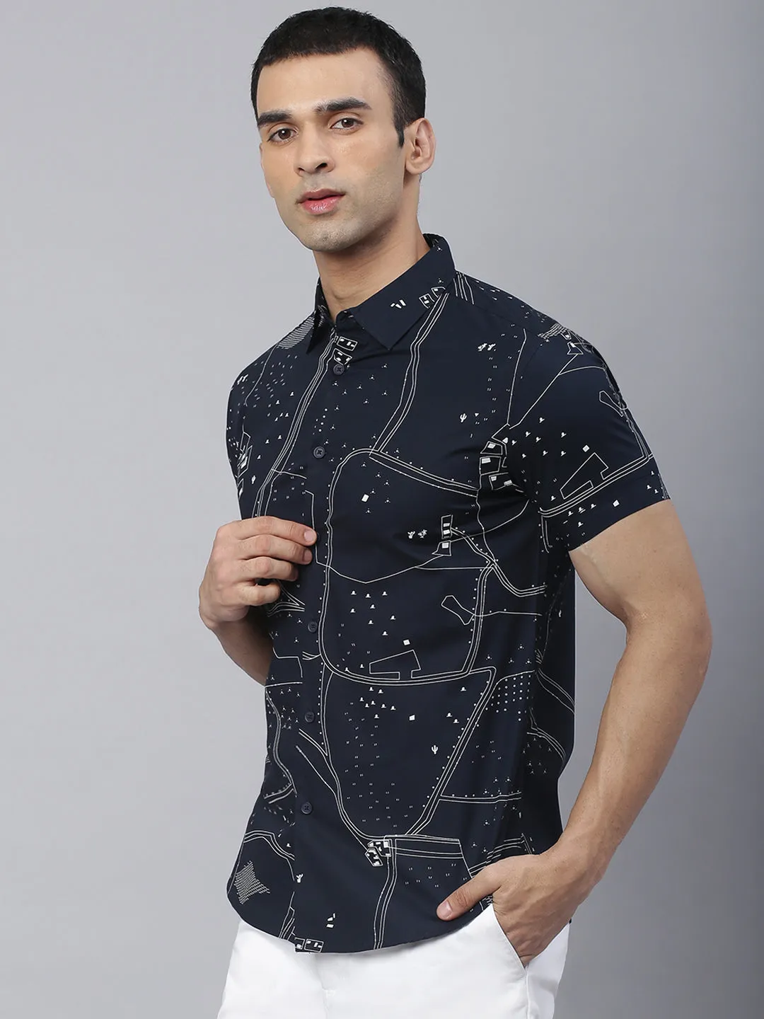 Men's Floral Print Navy Slim Fit Cotton Casual Shirt