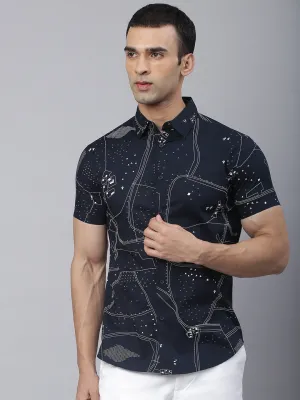 Men's Floral Print Navy Slim Fit Cotton Casual Shirt