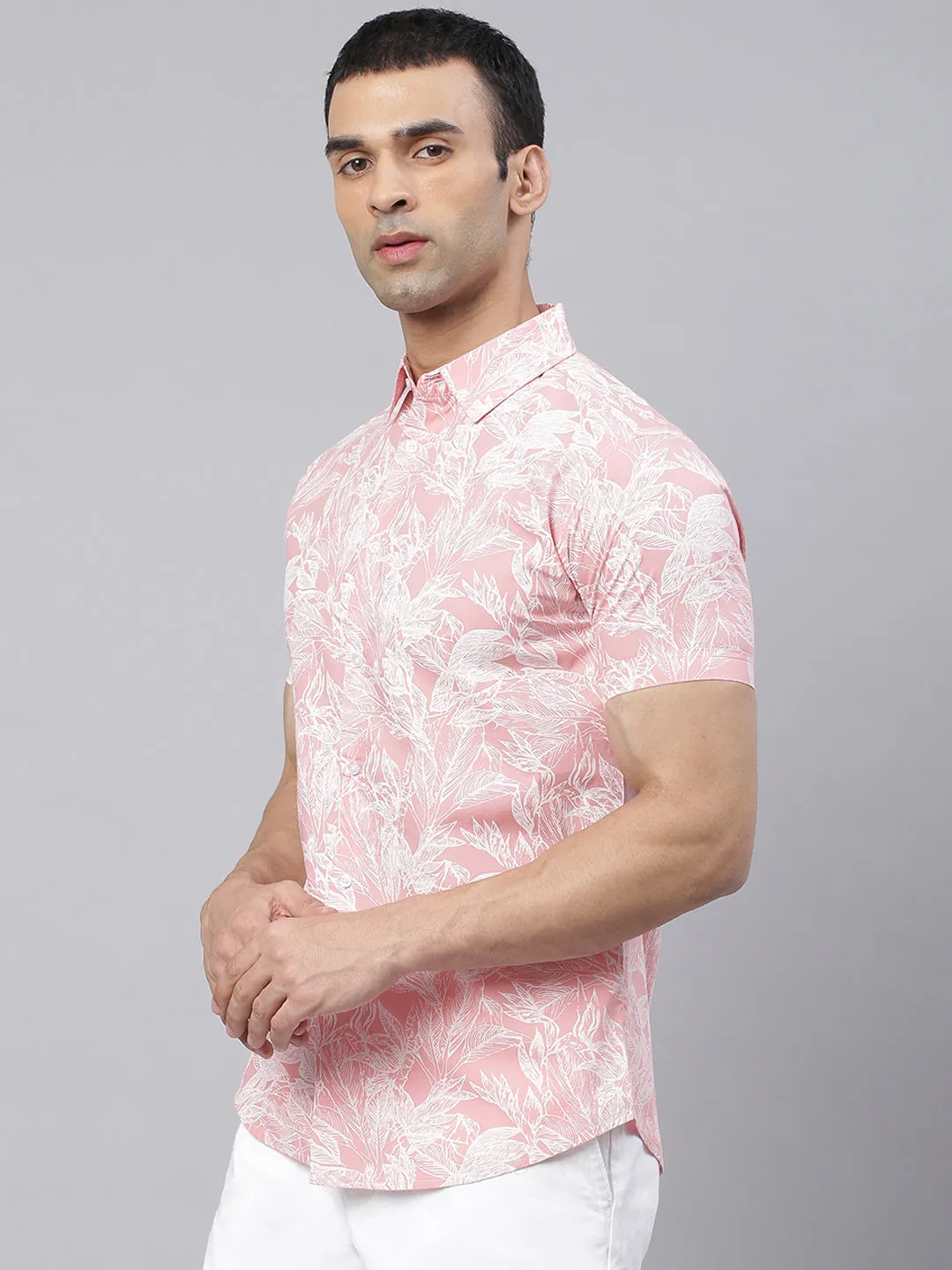 Men's Floral Print Pink Slim Fit Cotton Casual Shirt
