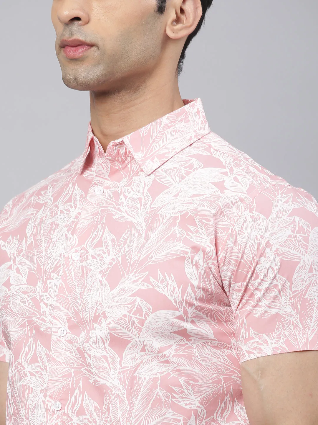 Men's Floral Print Pink Slim Fit Cotton Casual Shirt