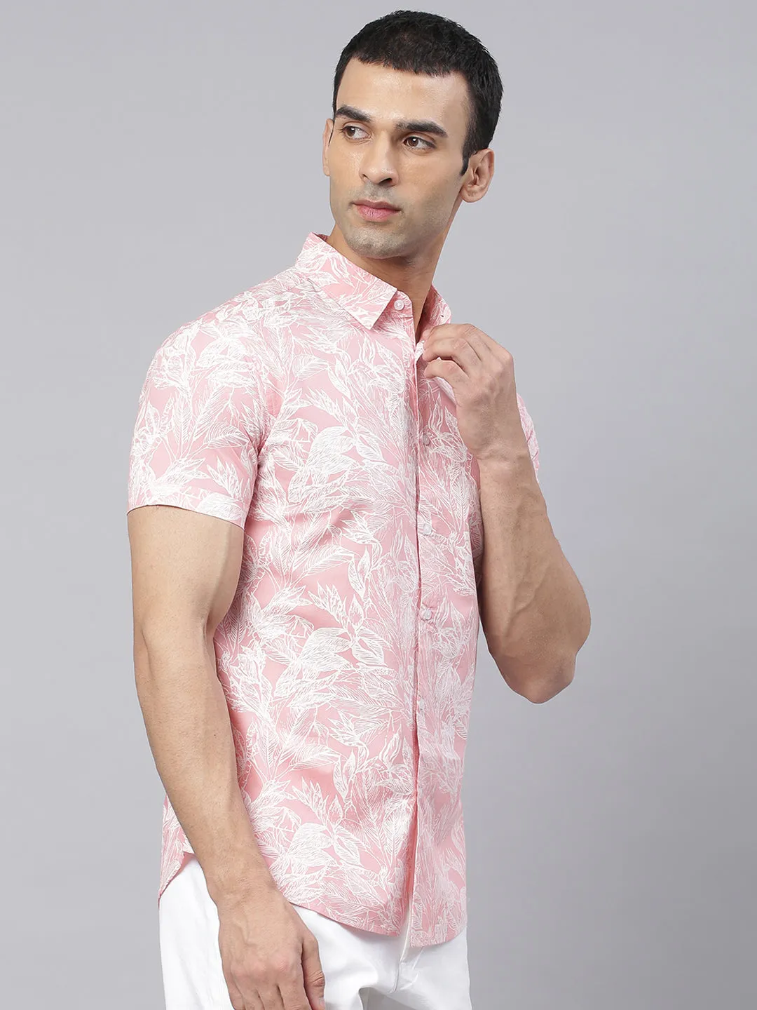 Men's Floral Print Pink Slim Fit Cotton Casual Shirt
