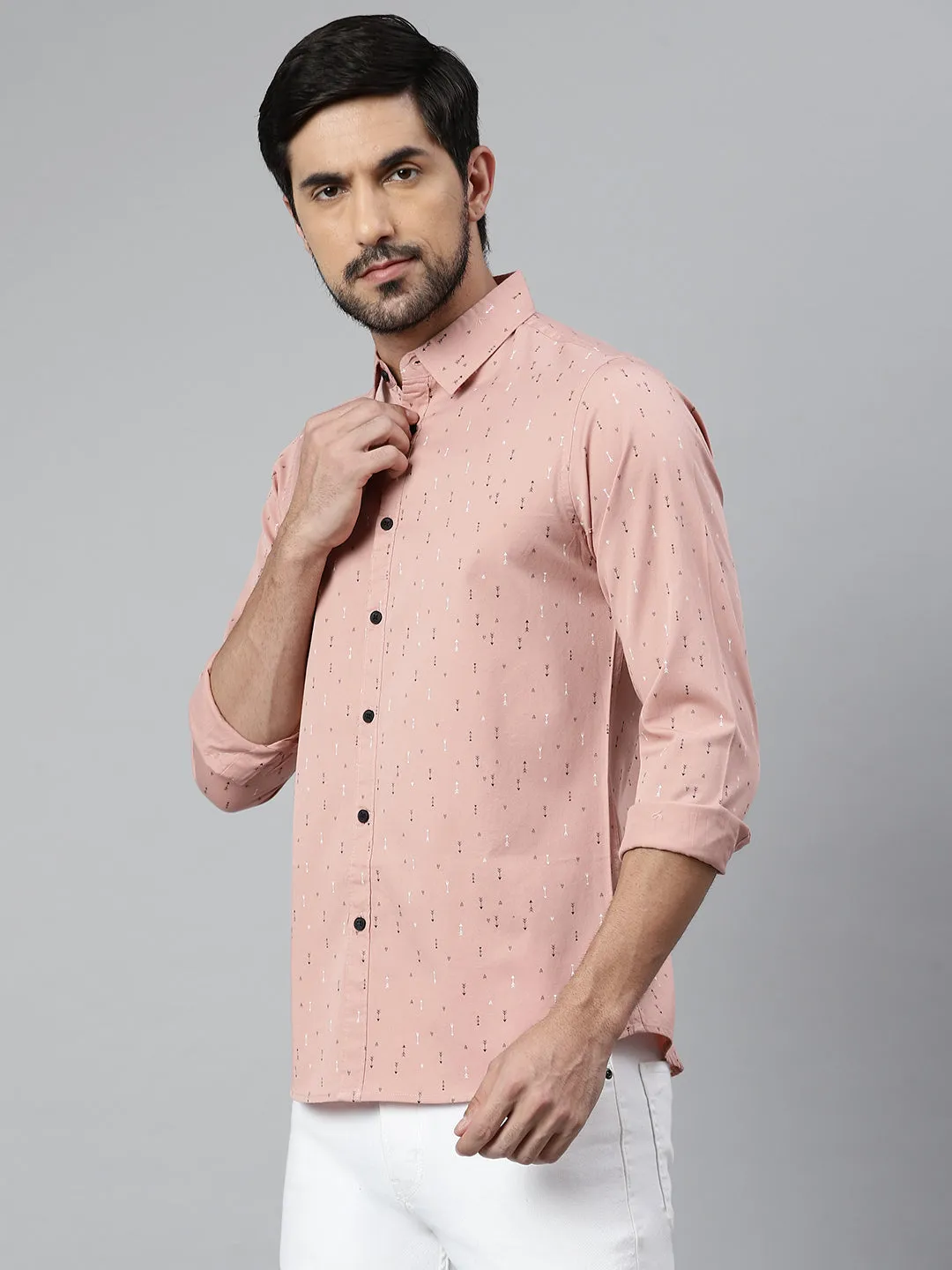 Men's Geometric Printed Slim Fit Spread Shirt (Peach)