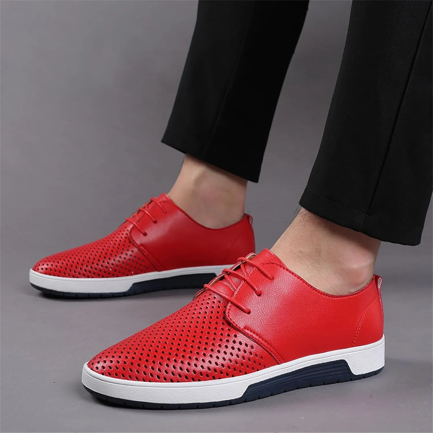 Mens Hollow Breathable Lace Up Leather Loafers Classical Round Head Derby Shoes Lightweight Flats Dress Business Oxford Shoes