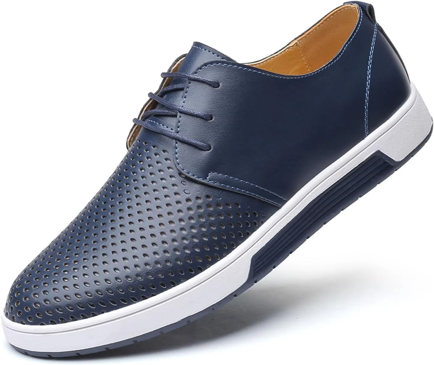 Mens Hollow Breathable Lace Up Leather Loafers Classical Round Head Derby Shoes Lightweight Flats Dress Business Oxford Shoes