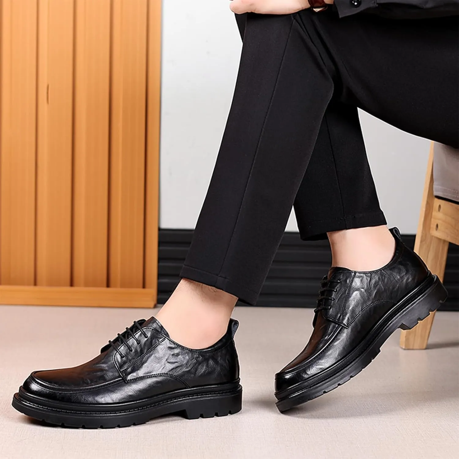 Men's Leather Platform Oxford Derby Shoes Hollow Out Breathable Lace-Up Business Casual Work Dress Shoes for Office Formal Comfort Walking