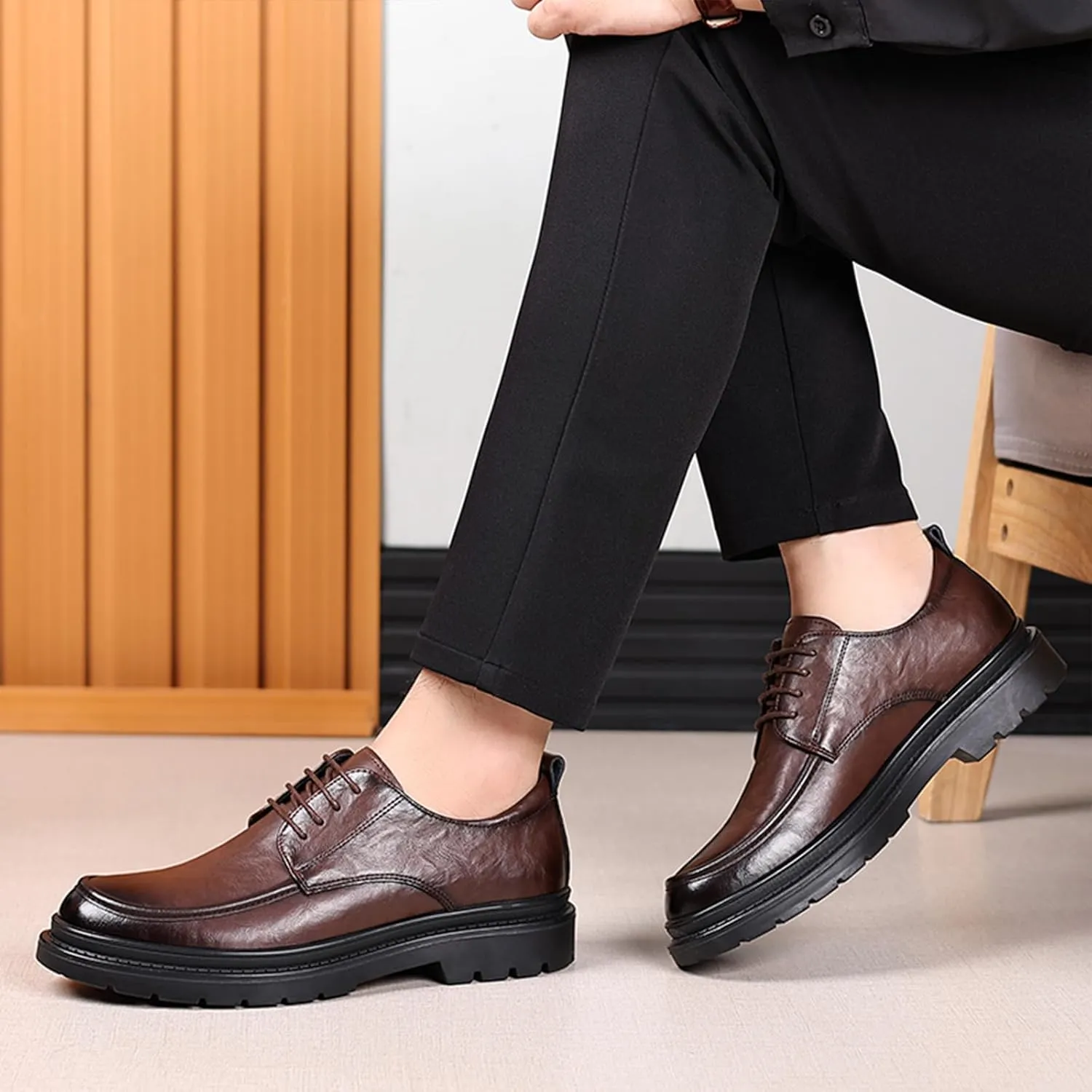 Men's Leather Platform Oxford Derby Shoes Hollow Out Breathable Lace-Up Business Casual Work Dress Shoes for Office Formal Comfort Walking