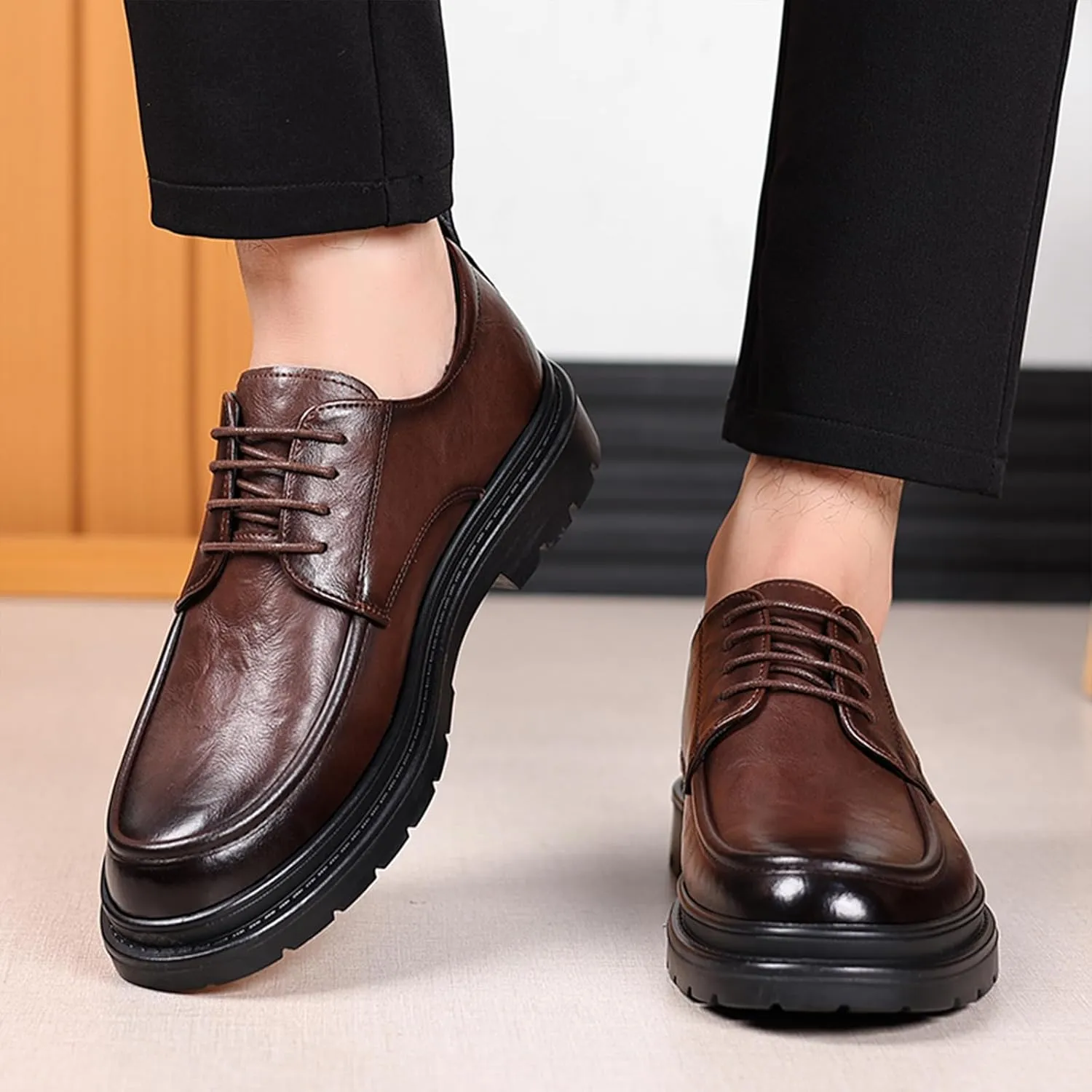 Men's Leather Platform Oxford Derby Shoes Hollow Out Breathable Lace-Up Business Casual Work Dress Shoes for Office Formal Comfort Walking