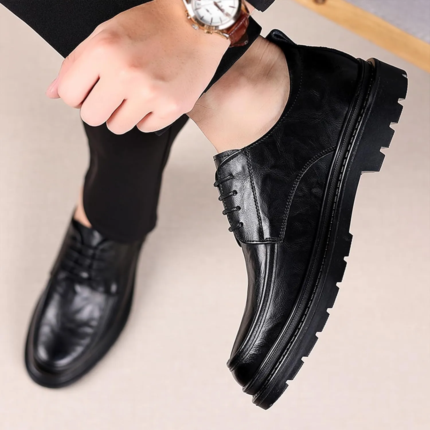 Men's Leather Platform Oxford Derby Shoes Hollow Out Breathable Lace-Up Business Casual Work Dress Shoes for Office Formal Comfort Walking
