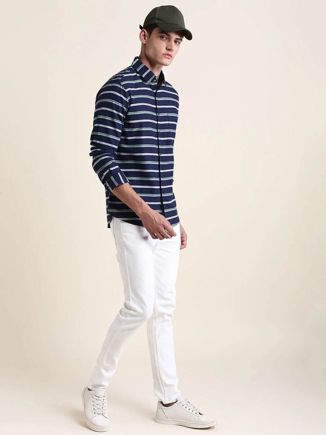 Men's Navy Striped Slim Fit Casual Shirt