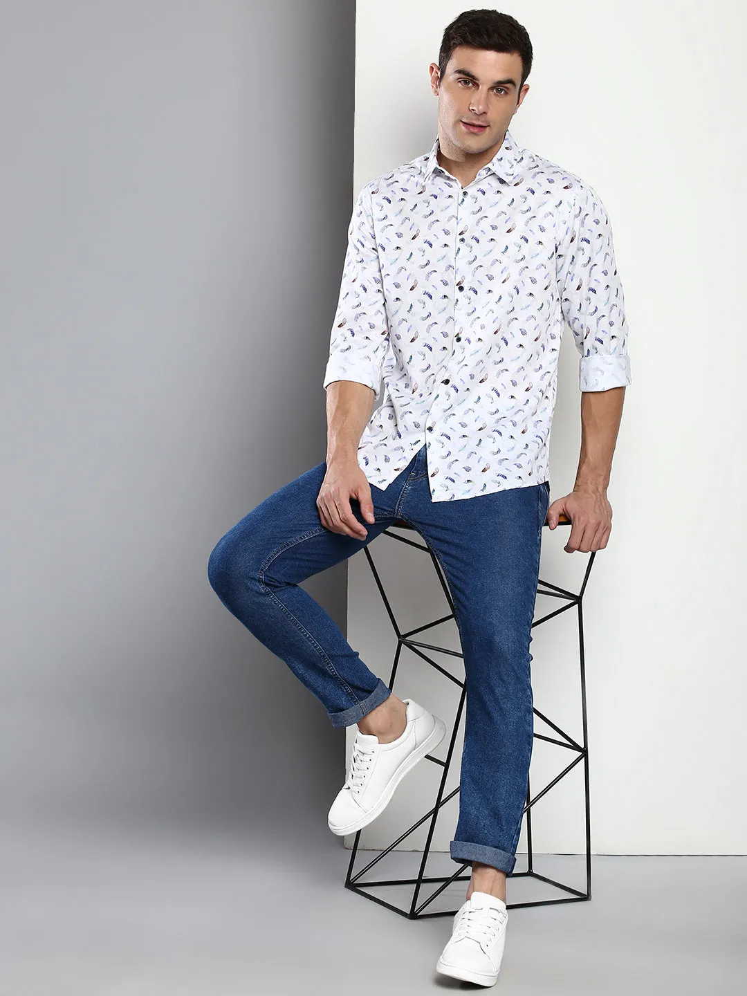 Men's Printed White Slim Fit Satin Casual Shirt With Spread Collar & Full Sleeves (C9058_White_S)