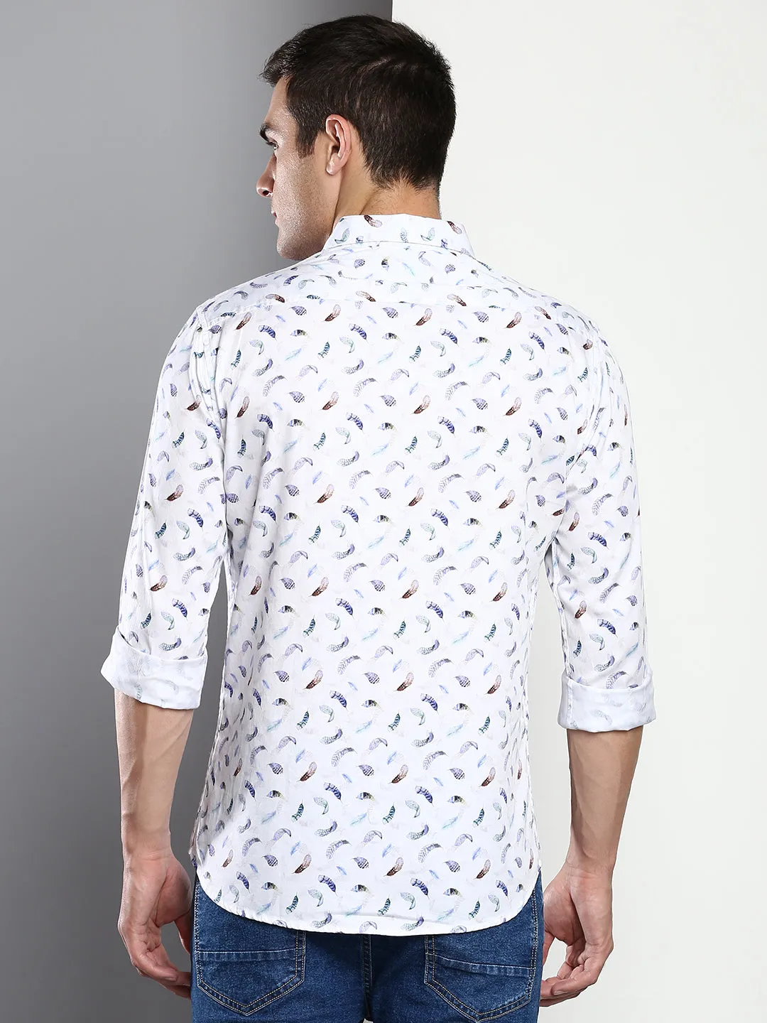 Men's Printed White Slim Fit Satin Casual Shirt With Spread Collar & Full Sleeves (C9058_White_S)