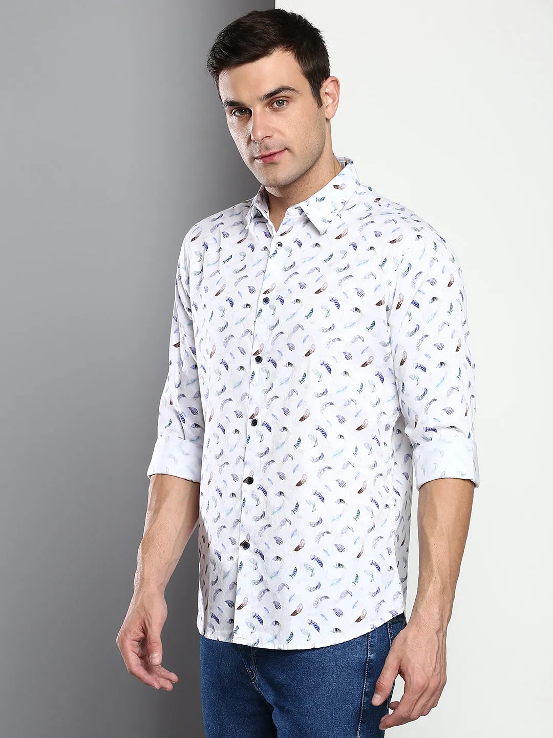 Men's Printed White Slim Fit Satin Casual Shirt With Spread Collar & Full Sleeves (C9058_White_S)