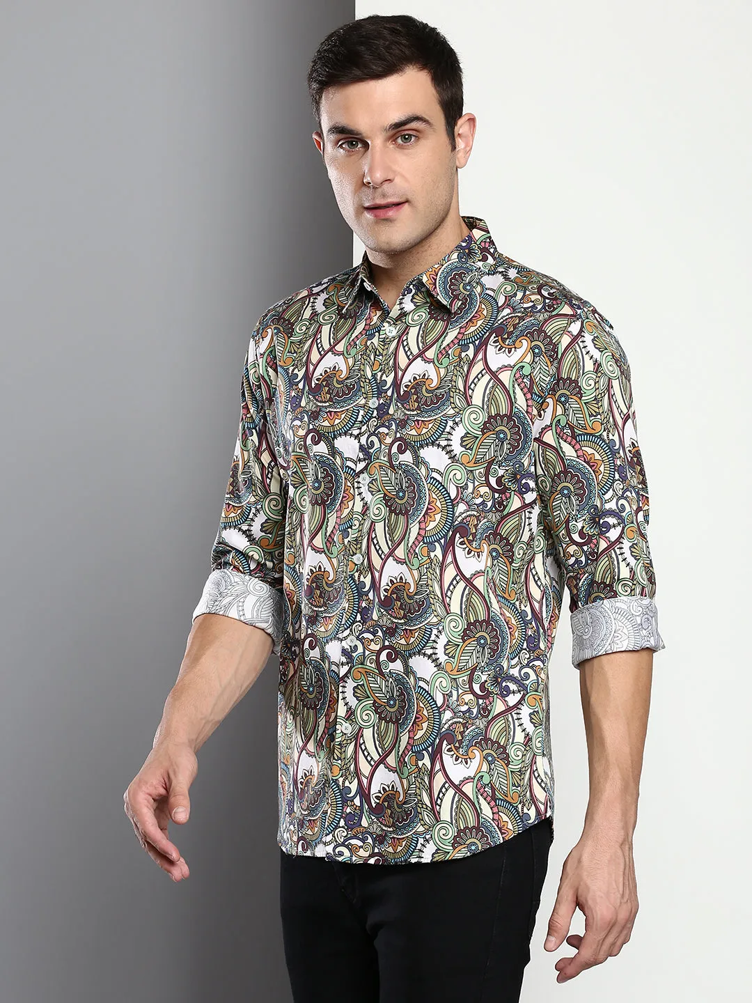 Men's Printed White Slim Fit Satin Casual Shirt With Spread Collar & Full Sleeves (C9074_White_S)