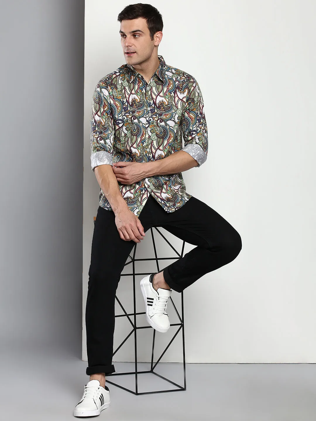 Men's Printed White Slim Fit Satin Casual Shirt With Spread Collar & Full Sleeves (C9074_White_S)