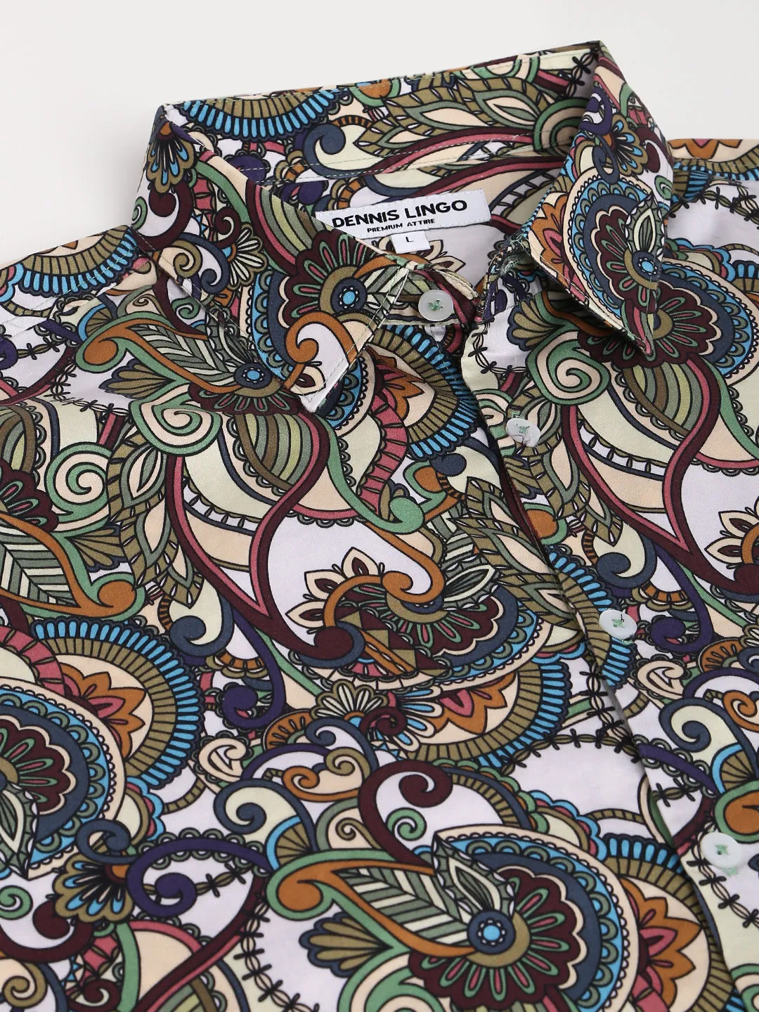 Men's Printed White Slim Fit Satin Casual Shirt With Spread Collar & Full Sleeves (C9074_White_S)