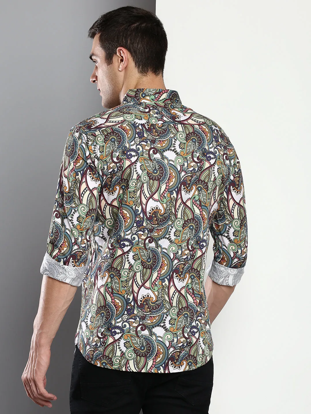 Men's Printed White Slim Fit Satin Casual Shirt With Spread Collar & Full Sleeves (C9074_White_S)