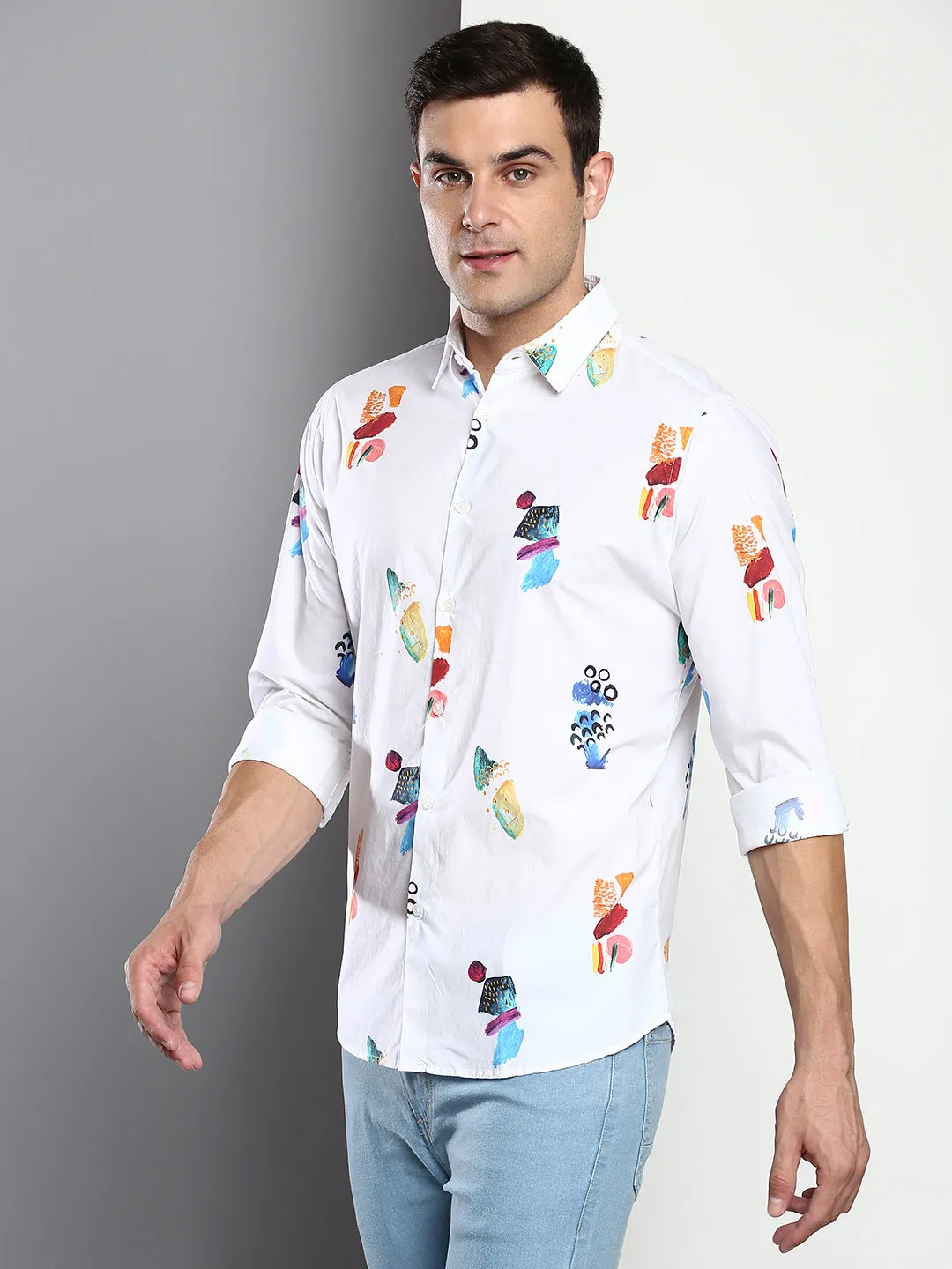 Men's Printed White Slim Fit Satin Casual Shirt With Spread Collar & Full Sleeves (C9082_White_S)