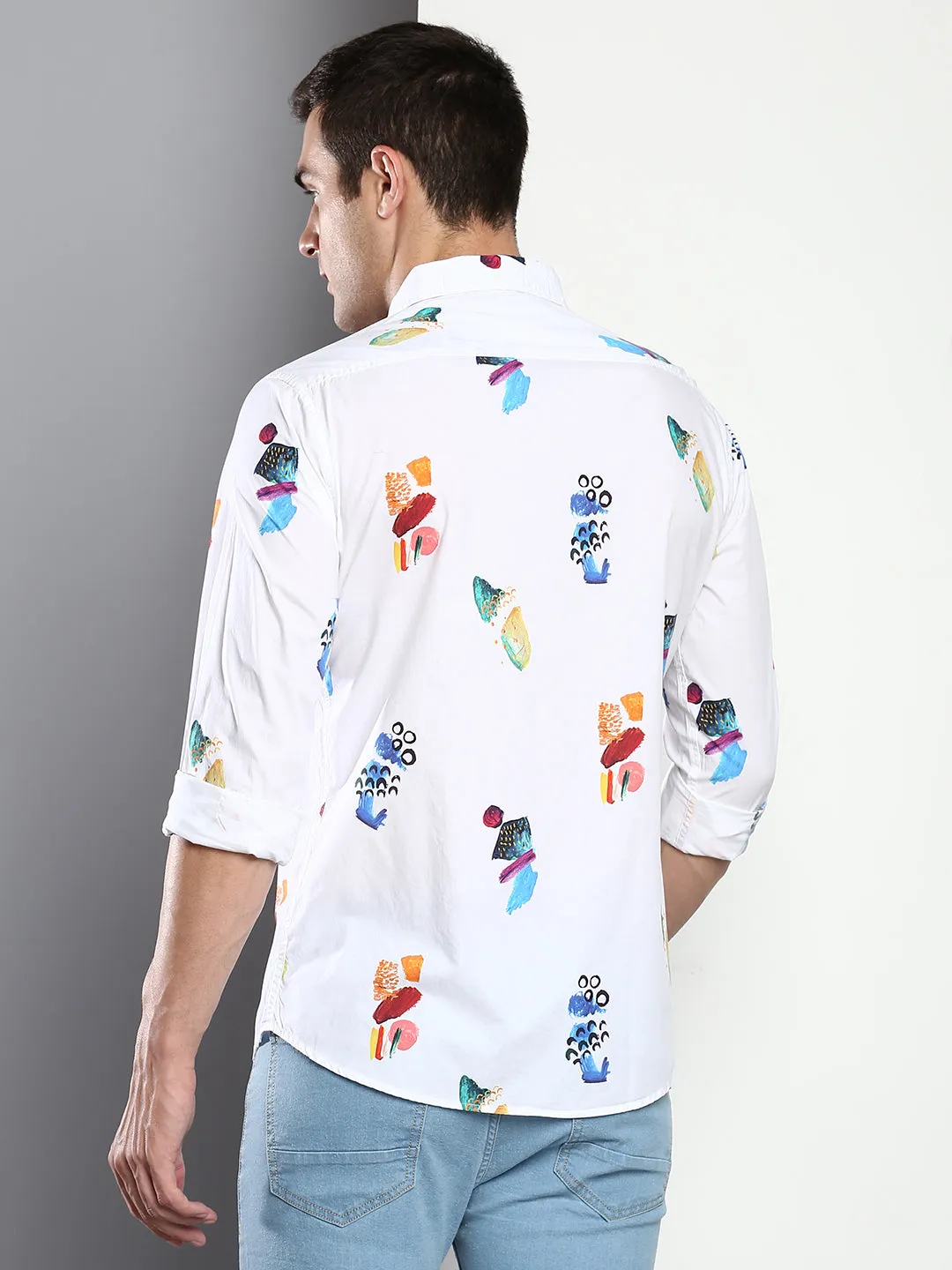 Men's Printed White Slim Fit Satin Casual Shirt With Spread Collar & Full Sleeves (C9082_White_S)