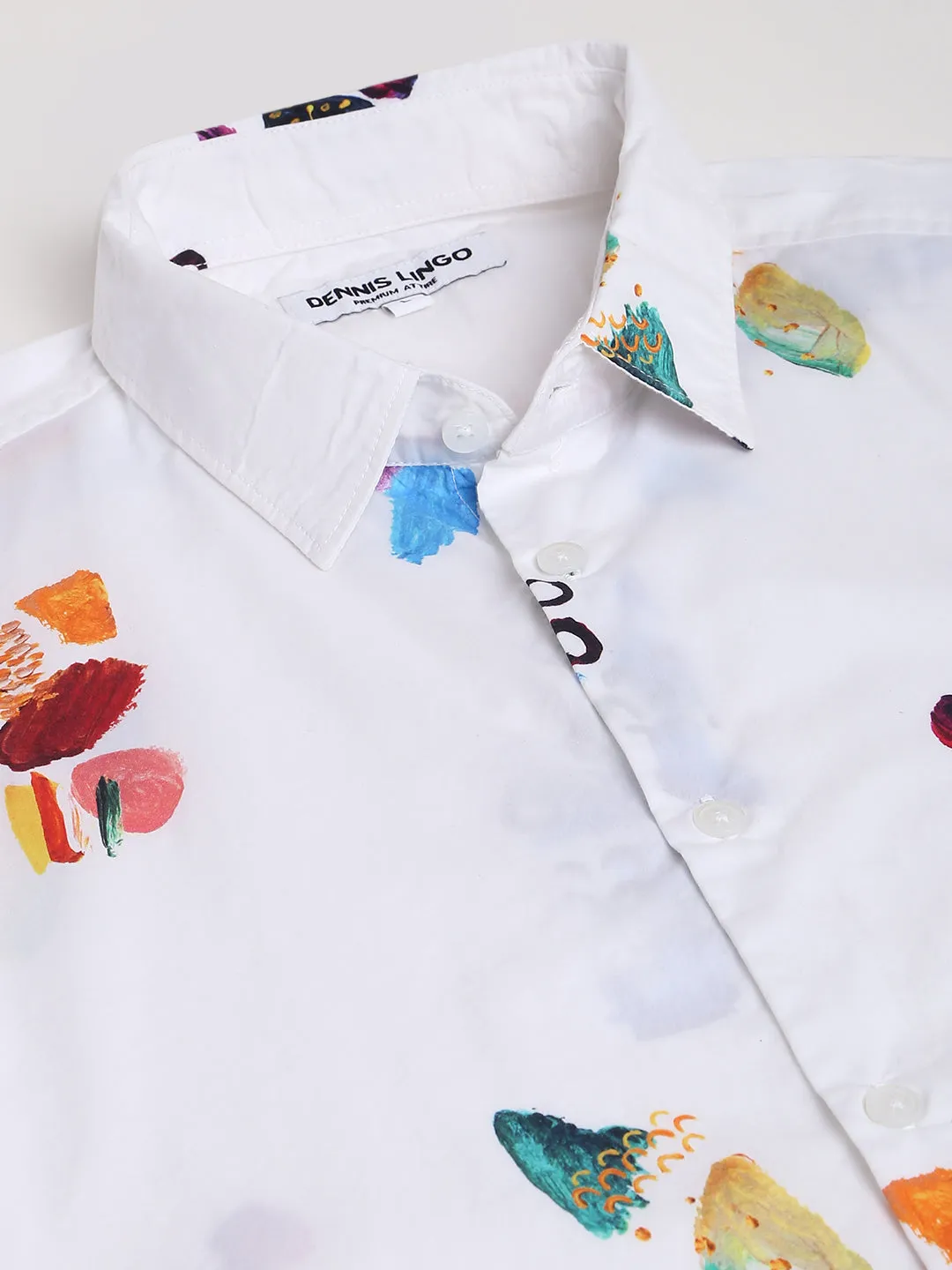 Men's Printed White Slim Fit Satin Casual Shirt With Spread Collar & Full Sleeves (C9082_White_S)