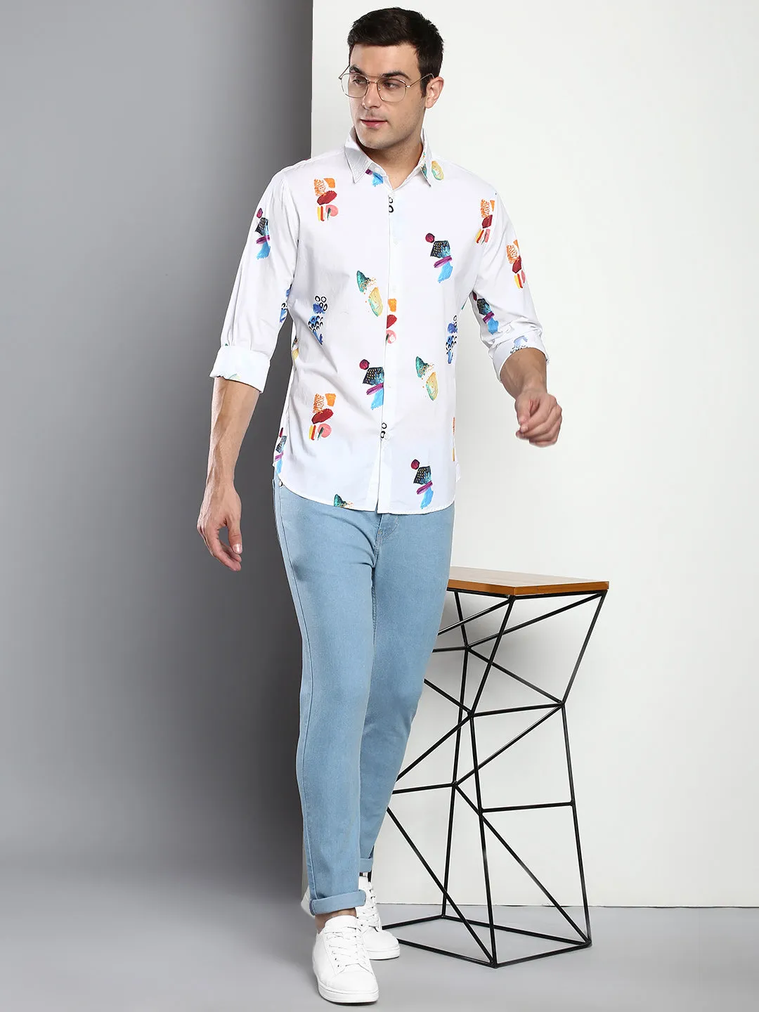 Men's Printed White Slim Fit Satin Casual Shirt With Spread Collar & Full Sleeves (C9082_White_S)