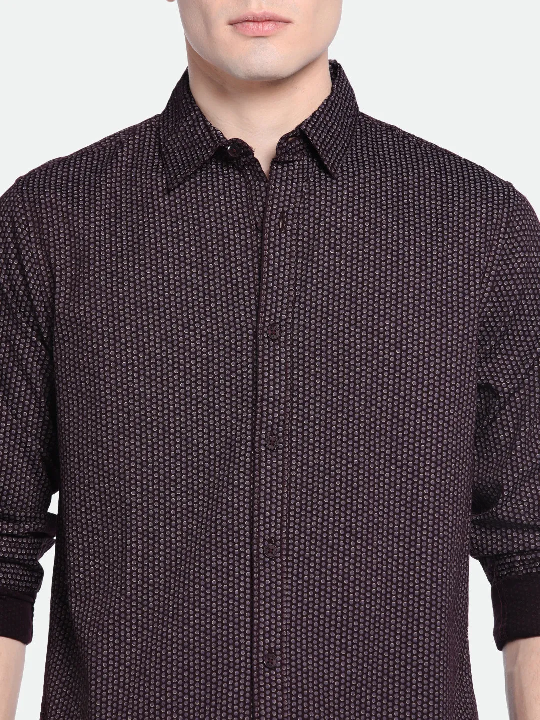 Men's Slim Fit Wine Abstract Print Spread Collar & Full Sleeves Casual Shirt