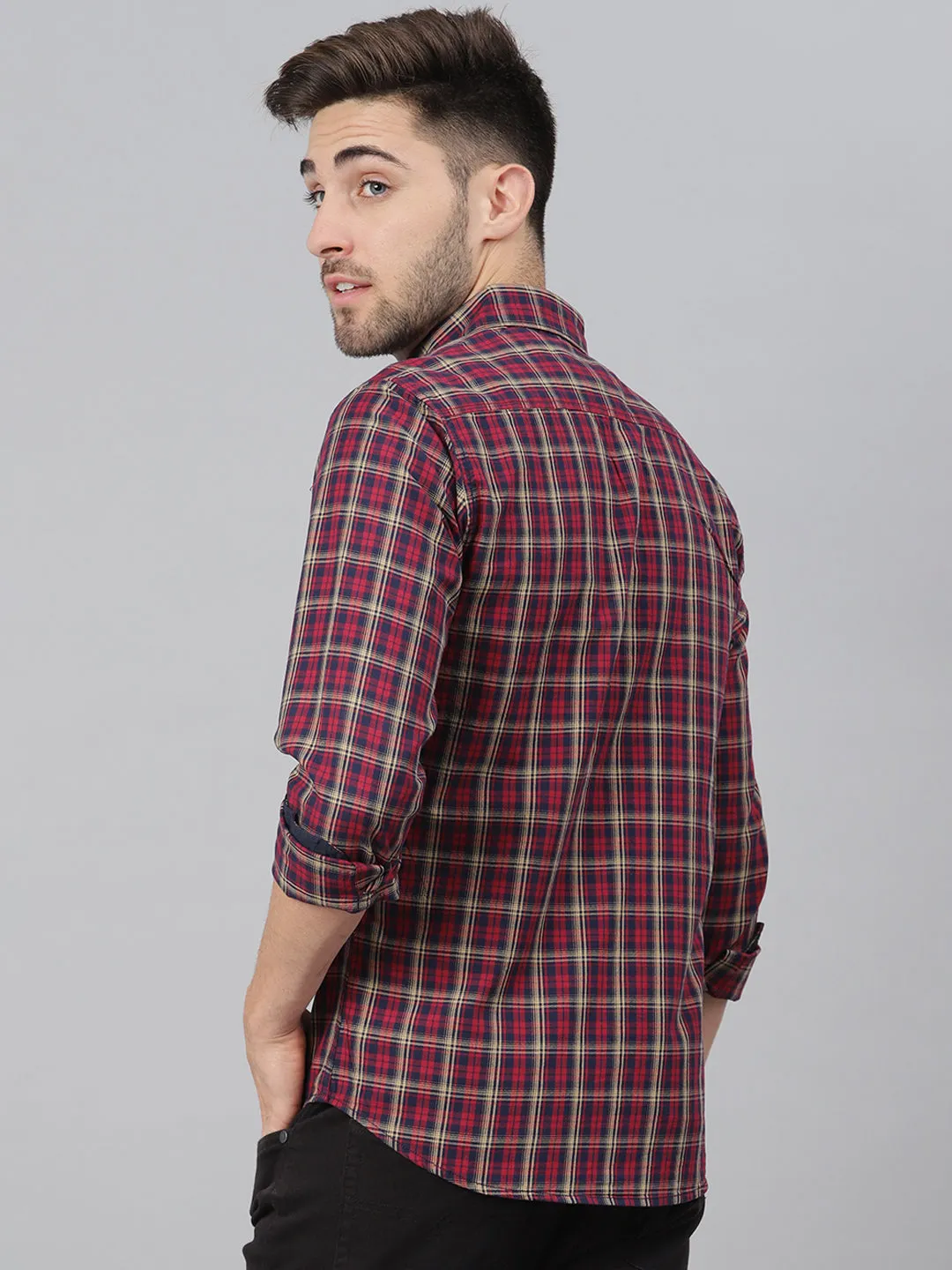 Men's Small Checks Slim Fit Full Sleves Spread Casual Shirts (Red)