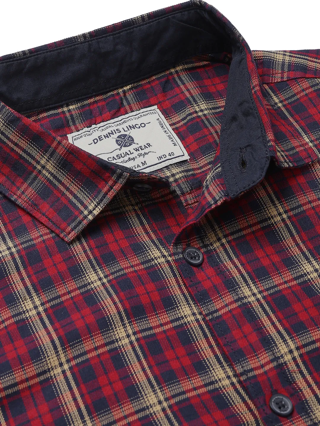 Men's Small Checks Slim Fit Full Sleves Spread Casual Shirts (Red)