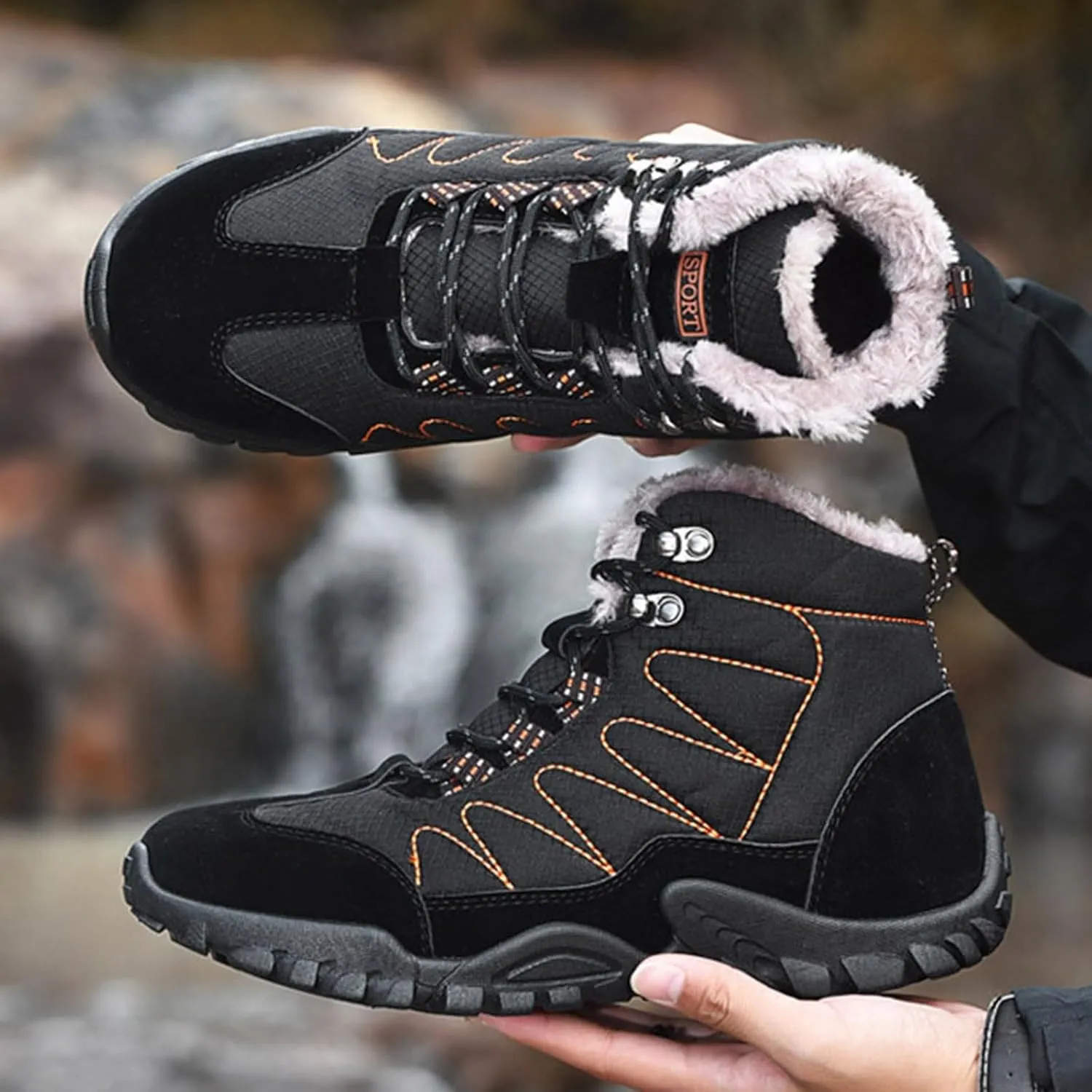 Men's Snow Boots Waterproof Fuzzy Furry Lined Winter Boots Lace Up Sneakers Cold Weather Anti-Slip Ankle Boots Classic Slip on Lightweight Hiking Shoes