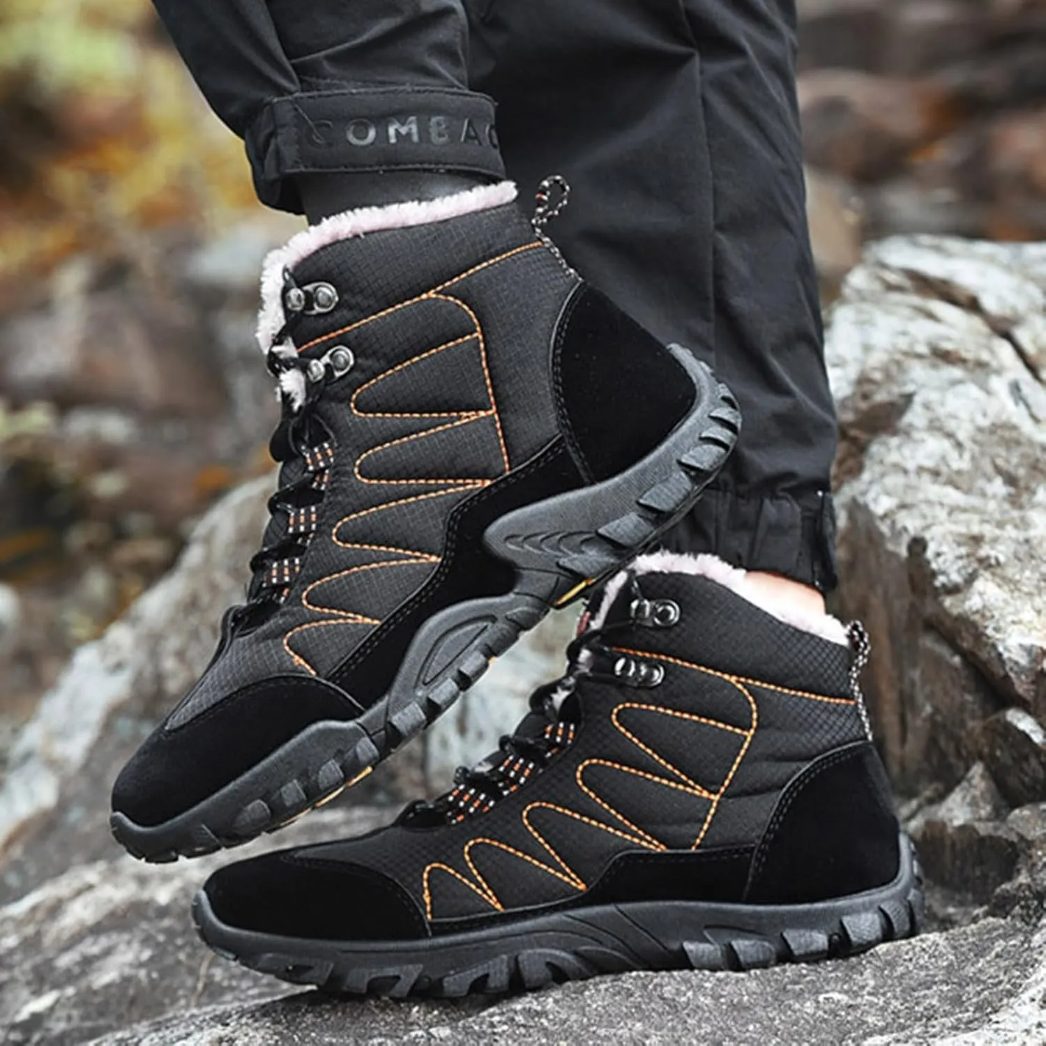Men's Snow Boots Waterproof Fuzzy Furry Lined Winter Boots Lace Up Sneakers Cold Weather Anti-Slip Ankle Boots Classic Slip on Lightweight Hiking Shoes